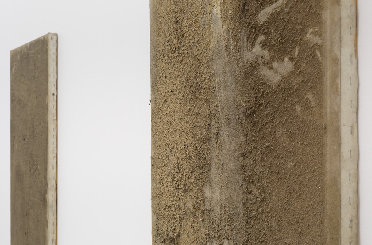 Darcy Wedd, Untitled I (detail), 2022, Untitled V (detail), 2022, installation view, And This Time the Well Is Alive, Gertrude Contemporary, Naarm Melbourne, 2024, dust (aluminium, steel, wood, acrylic, copper, brass, micarta), lemel, clear gum glue, PVA, varnish on canvas, image courtesy and © the artist, photograph: Christian Capurro