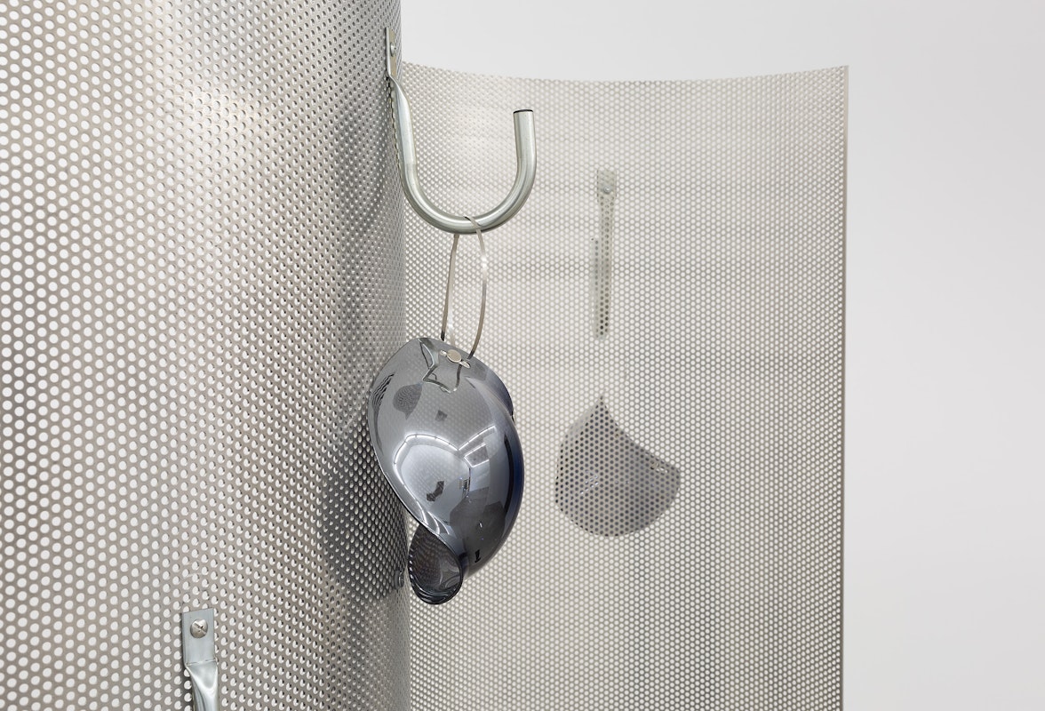 Burchill/McCamley, Reflectors and Absorbers (detail), 2016, installation view, And This Time the Well Is Alive, Gertrude Contemporary, Naarm Melbourne, 2024, perforated aluminium, stainless steel, mirrored Perspex, rubber, image courtesy the artists and Neon Parc, Naarm Melbourne © the artists, photograph: Christian Capurro