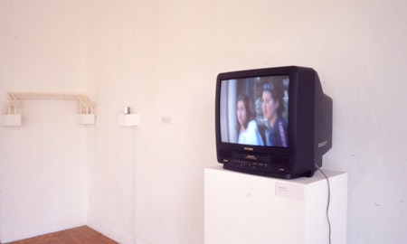 Installation view of Institutional Transit Lobby (Part 1), featuring works by Jennie Lang and Tamara Harrison, presented at 200 Gertrude Street, 1998. Courtesy of the Gertrude Archive.