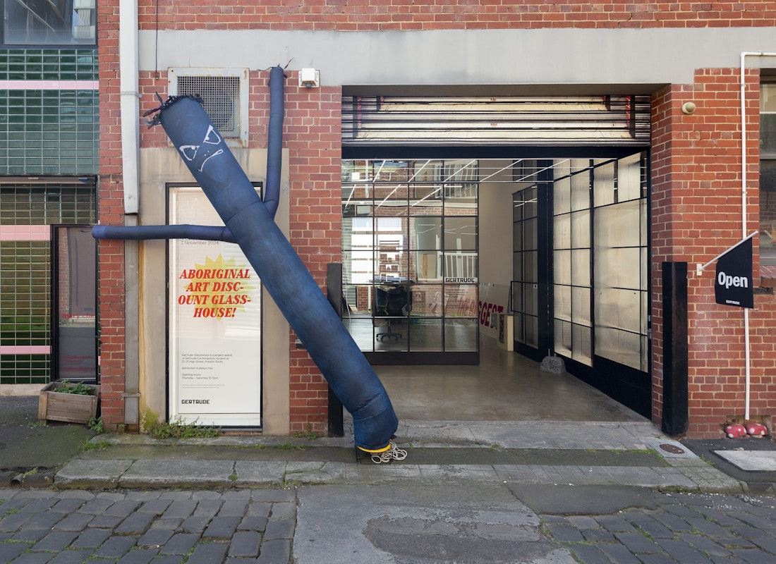 Steven Rhall, Air Dancer as Black Body (Bad Boi edition), 2019, ABORIGINAL ART DISCOUNT GLASSHOUSE, exterior view, Gertrude Glasshouse, Naarm Melbourne, 2024. Photograph: Christian Capurro
