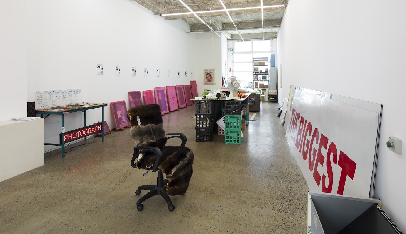 Steven Rhall, ABORIGINAL ART DISCOUNT GLASSHOUSE, installation view, Gertrude Glasshouse, Naarm Melbourne, 2024. Photograph: Christian Capurro