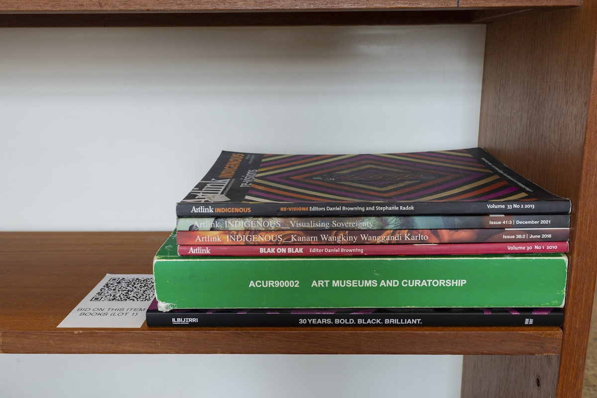 Steven Rhall, 'Lot 1 – Books', 2024, ABORIGINAL ART DISCOUNT GLASSHOUSE, exterior view, Gertrude Glasshouse, Naarm Melbourne, 2024. Photograph: Christian Capurro