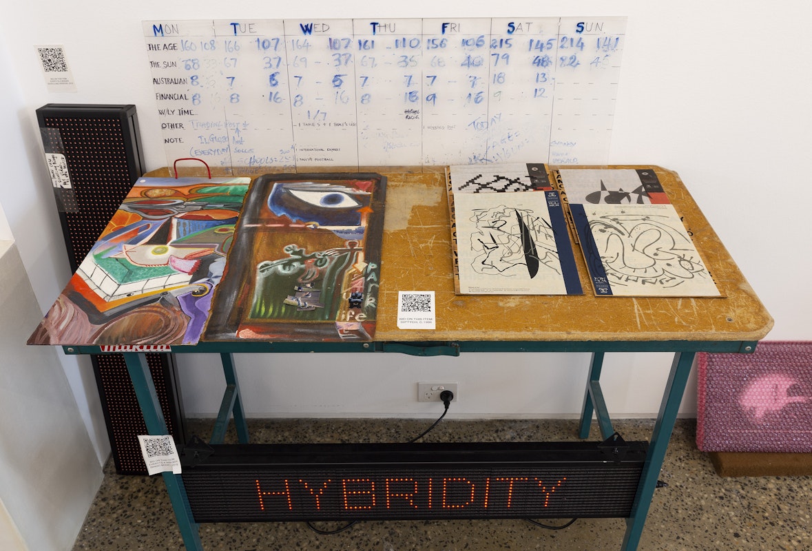 Steven Rhall, ABORIGINAL ART DISCOUNT GLASSHOUSE, installation view, Gertrude Glasshouse, Naarm Melbourne, 2024. Photograph: Christian Capurro