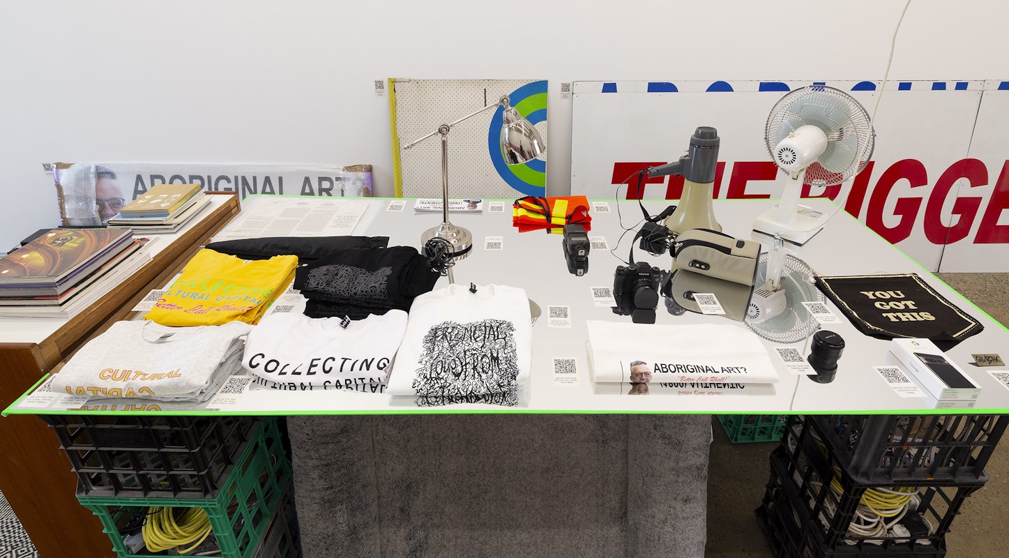 Steven Rhall, ABORIGINAL ART DISCOUNT GLASSHOUSE, installation view, Gertrude Glasshouse, Naarm Melbourne, 2024. Photograph: Christian Capurro