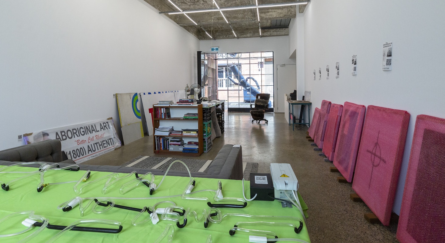 Steven Rhall, ABORIGINAL ART DISCOUNT GLASSHOUSE, installation view, Gertrude Glasshouse, Naarm Melbourne, 2024. Photograph: Christian Capurro