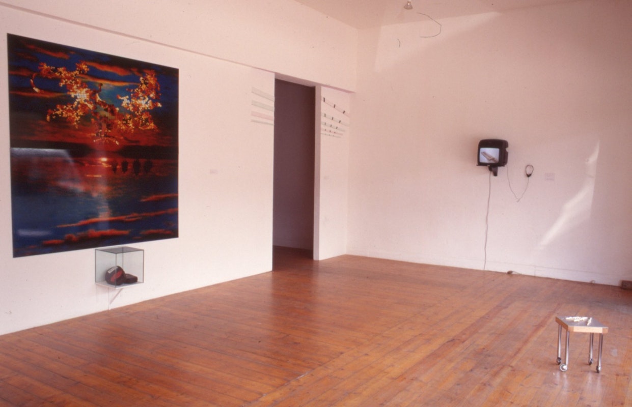 Installation view, Institutional Transit Lobby (Part 2), featuring works by Nadine Christensen, Ricky Swallow, Simone LeAmon, and Rabindra Naidoo, presented at 200 Gertrude Street, 1998. Image courtesy of the Gertrude Archive.