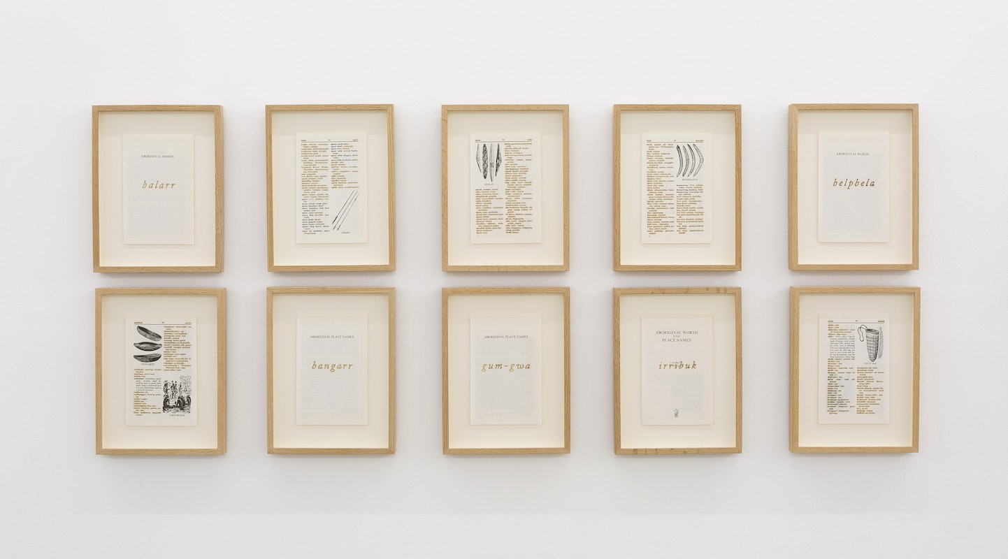 Jenna Lee, Aboriginal Words and Place Names, 2022, pages from Aboriginal Words and Place Names, fire, installation view, Gertrude Studios, Gertrude Contemporary, Naarm Melbourne, 2024, image courtesy and © the artist and MARS Gallery, Naarm Melbourne, photograph: Christian Capurro.