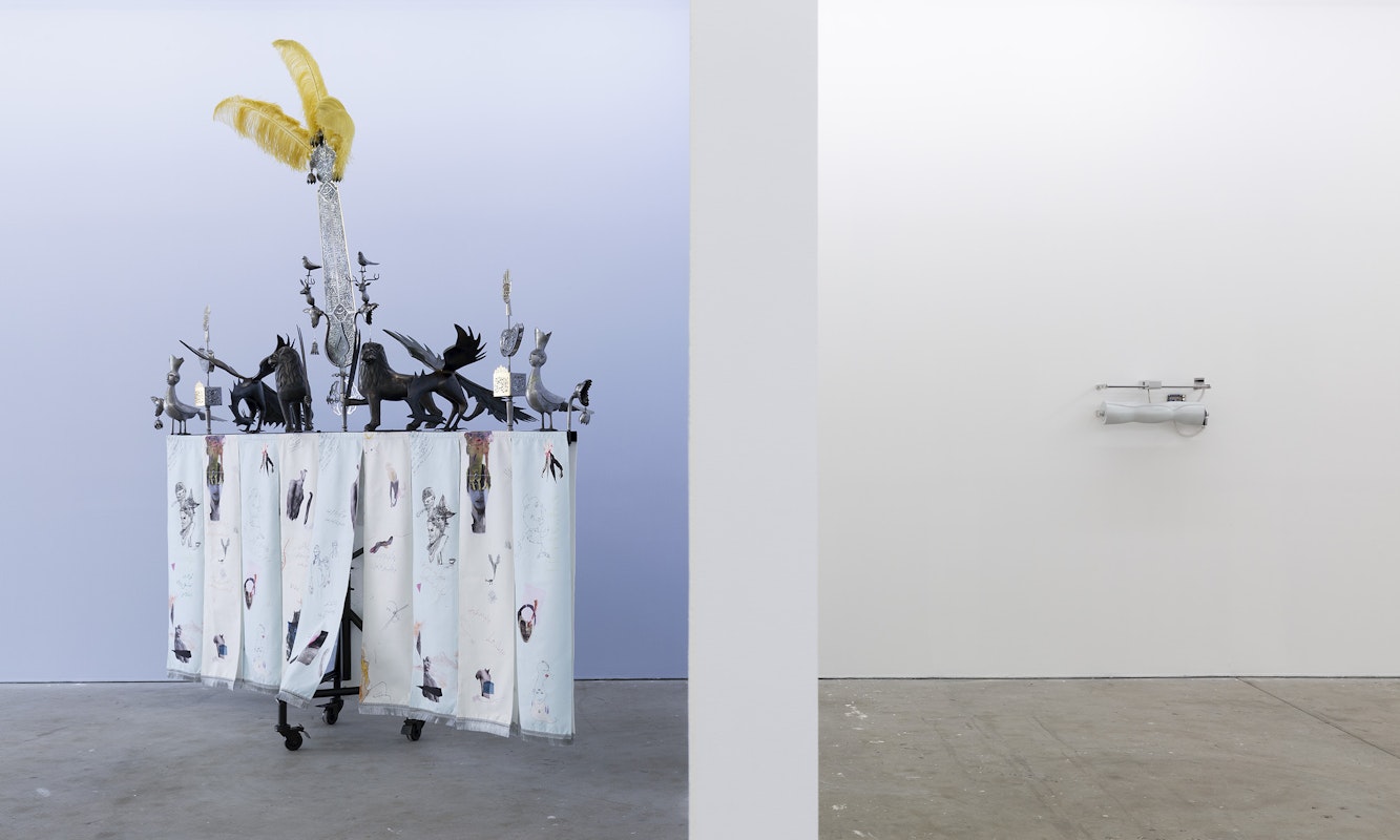 Elyas Alvi, We, of Secrets Kept Unsaid, 2024, gold leaf, iron, steel, prints on velvet dimensions variable, Commissioned by 4A Centre for Contemporary Asian Art, Sydney and Arts House, Naarm Melbourne; Jordan Halsall, Internal Drive (Gnomad), 2024, photopolymer, aluminium, steel, synthetic polymer, enamel, electronics, installation view, Gertrude Studios, Gertrude Contemporary, Naarm Melbourne, 2024, image courtesy and © the artists, photograph: Christian Capurro.