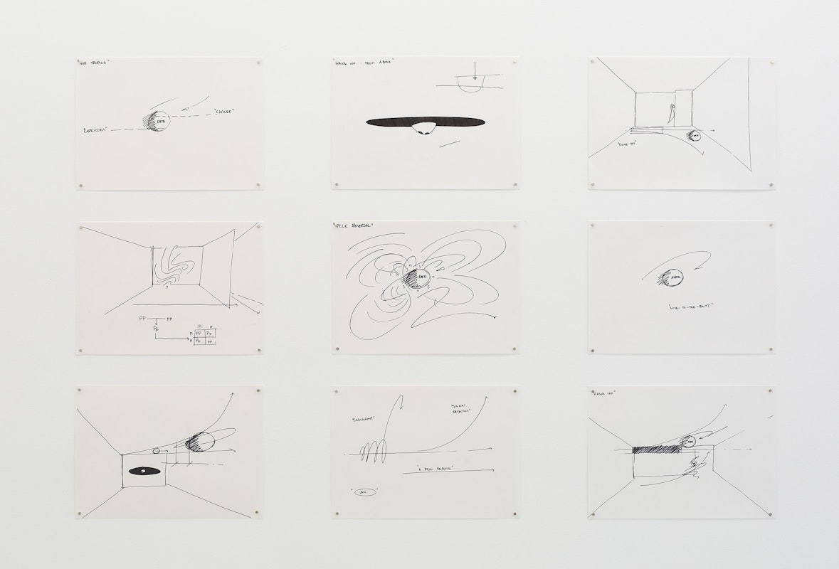 Francis Carmody, Studio drawings, 2023-2024, permanent marker on paper 9 sheets, installation view, Gertrude Studios, Gertrude Contemporary, Naarm Melbourne, 2024, image courtesy and © the artist, photograph: Christian Capurro.