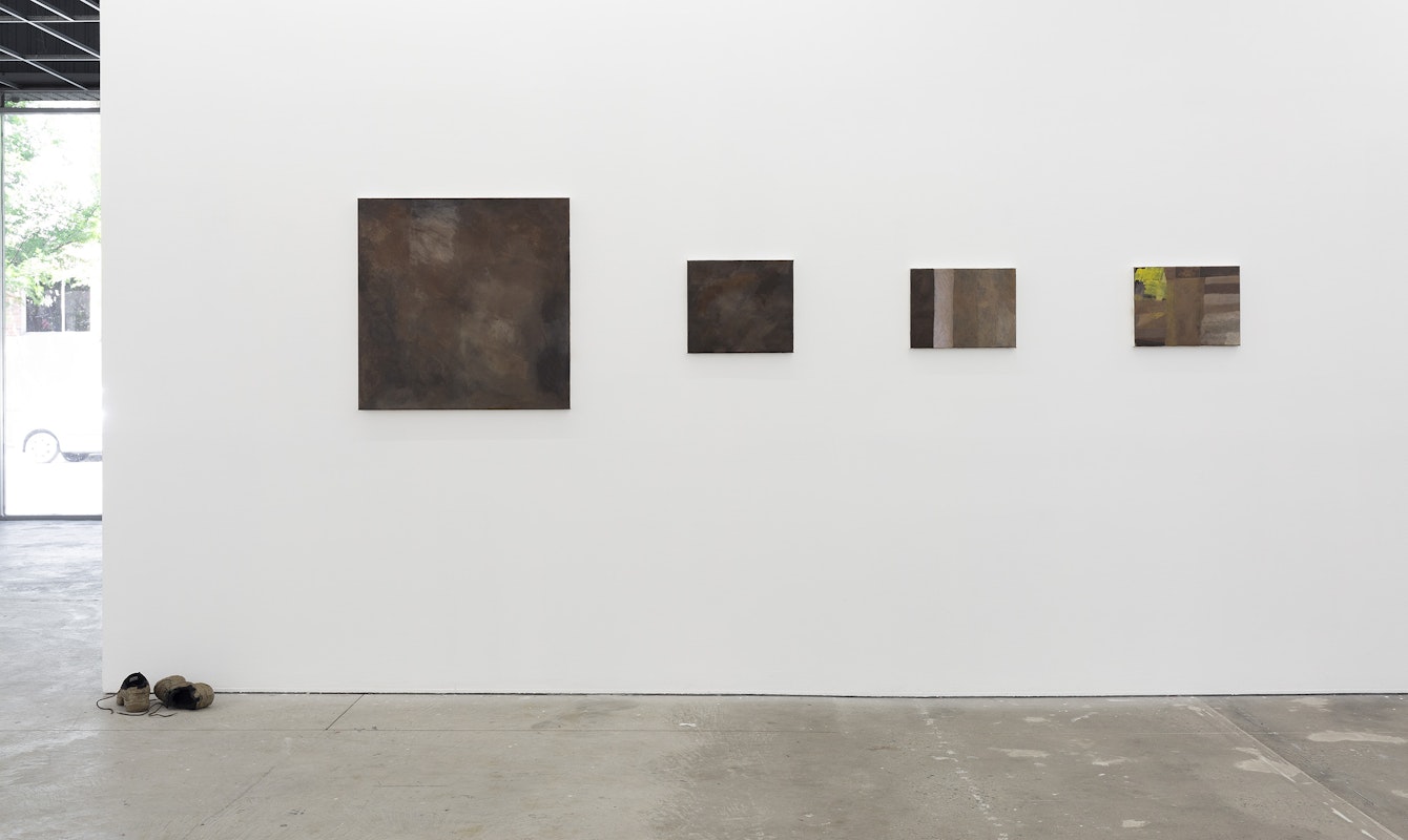 Rebecca Jensen, I just get so mud sometimes, 2024, performance, split sole dance sneakers, fabric paint, modelling paste; Arini Byng, Ashy knees, 2024; Arini Byng, Better care, 2024 oil on linen; Arini Byng; Elbow, 2024, oil on linen; Aggregate, 2024, oil on linen, installation view, Gertrude Studios, Gertrude Contemporary, Naarm Melbourne, 2024, image courtesy and © the artists, photograph: Christian Capurro.