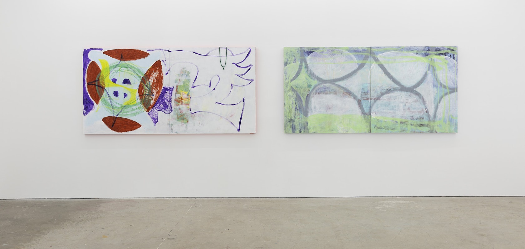 Georgia Morgan This Dream’s Still Real, 2024, acrylic, oil pastel, Mala beads on board; Georgia Morgan, HERE, NOW AND AGAIN (AND AGAIN, AND AGAIN), 2023, acrylic on board, installation view, Gertrude Studios, Gertrude Contemporary, Naarm Melbourne, 2024, image courtesy and © the artist, photograph: Christian Capurro.