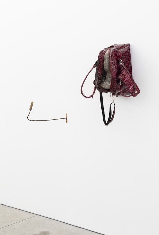 Tara Denny, with regards to all those I apologised to, 2024, found bag, leather jacket, resin, bronze, copper, permanent marker, installation view, Gertrude Studios, Gertrude Contemporary, Naarm Melbourne, 2024, image courtesy and © the artist, photograph: Christian Capurro.