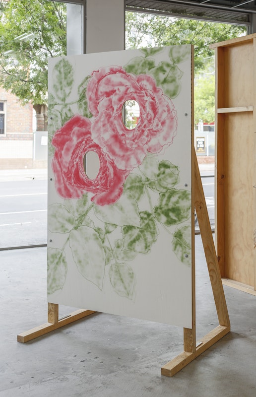 Grace Culley, I'm being nice because I want you to like me, 2024, acrylic on plywood, timber, steel, installation view, Gertrude Studios, Gertrude Contemporary, Naarm Melbourne, 2024, image courtesy and © the artist, photograph: Christian Capurro.