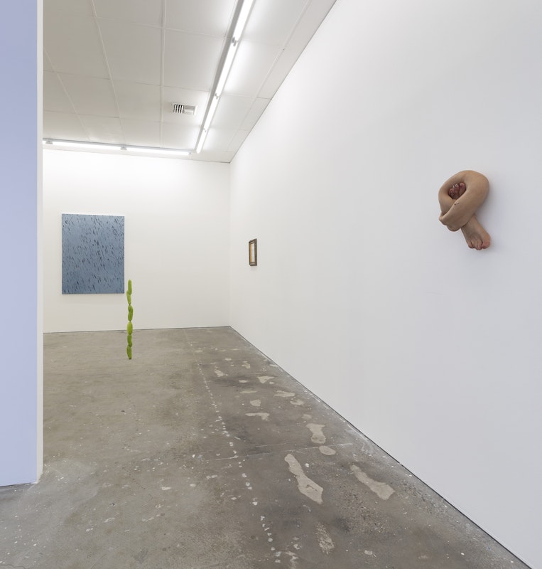 Yusi Zang, Rain Marks on Factory Wall, 2024, oil on canvas; Yusi Zang, Swallow This Bitterness, 2024, bitter melons, steel rod; Yusi Zang, Scribble While Having a Tough Conversation, 2024, drawing on cereal bag, ornamental frame; Nathan Beard, Heirloom, 2022–2024, Noi's earrings, silicone, paint, foam, installation view, Gertrude Studios, Gertrude Contemporary, Naarm Melbourne, 2024, image courtesy and © the artists, photograph: Christian Capurro.