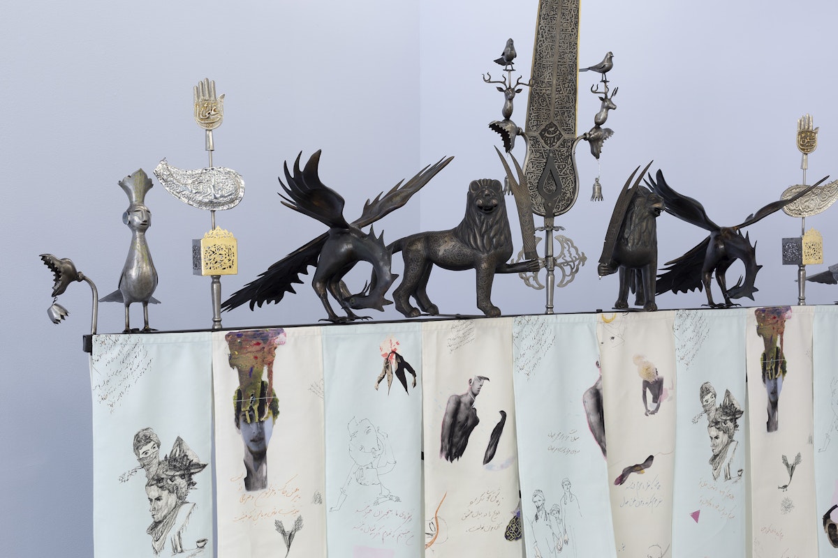 Elyas Alvi, We, of Secrets Kept Unsaid, 2024 gold leaf, iron, steel, prints on velvet, Commissioned by 4A Centre for Contemporary Asian Art and Arts House, Naarm Melbourne, installation view, Gertrude Studios, Gertrude Contemporary, Naarm Melbourne, 2024, image courtesy and © the artist, photograph: Christian Capurro.