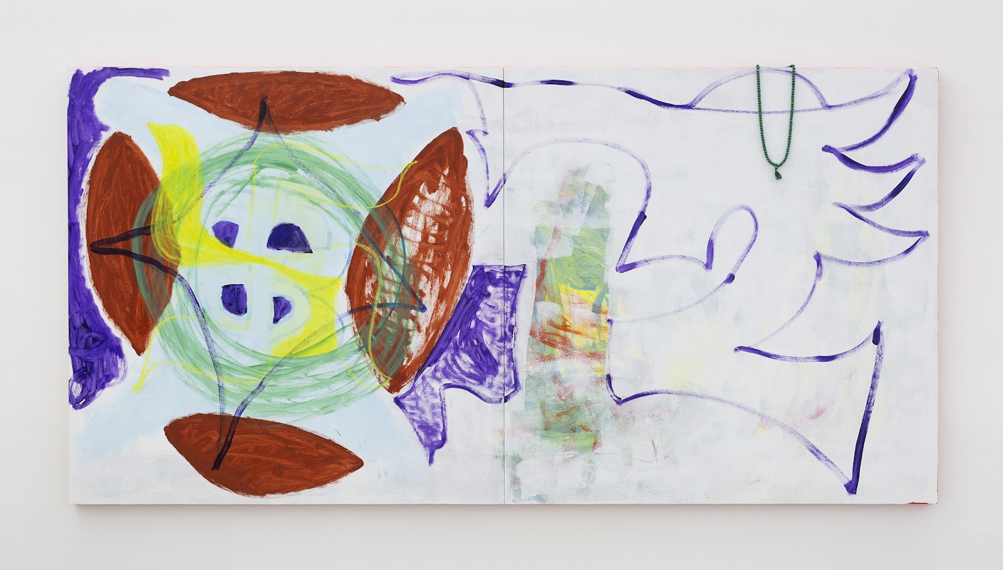 Georgia Morgan, This Dream’s Still Real, 2024, acrylic, oil pastel, Mala beads on board, installation view, Gertrude Studios, Gertrude Contemporary, Naarm Melbourne, 2024, image courtesy and © the artist, photograph: Christian Capurro.