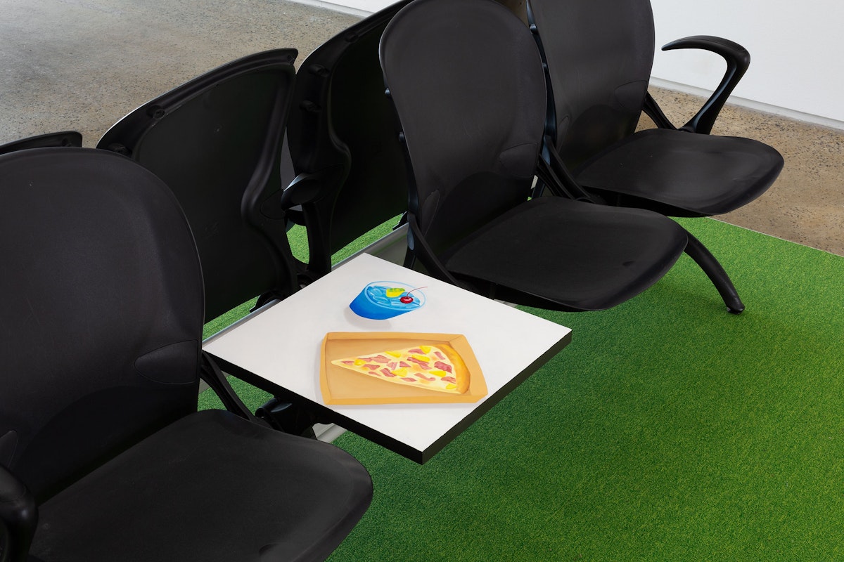 Stephanie Wilson, Take (me) away, 2024, installation view, The Limits of my Language are the Limits of my World, Gertrude Glasshouse, Naarm Melbourne, 2024, seating, carpet tiles, potted palm, oil on board painting, image courtesy and © the artist, photograph: Christian Capurro