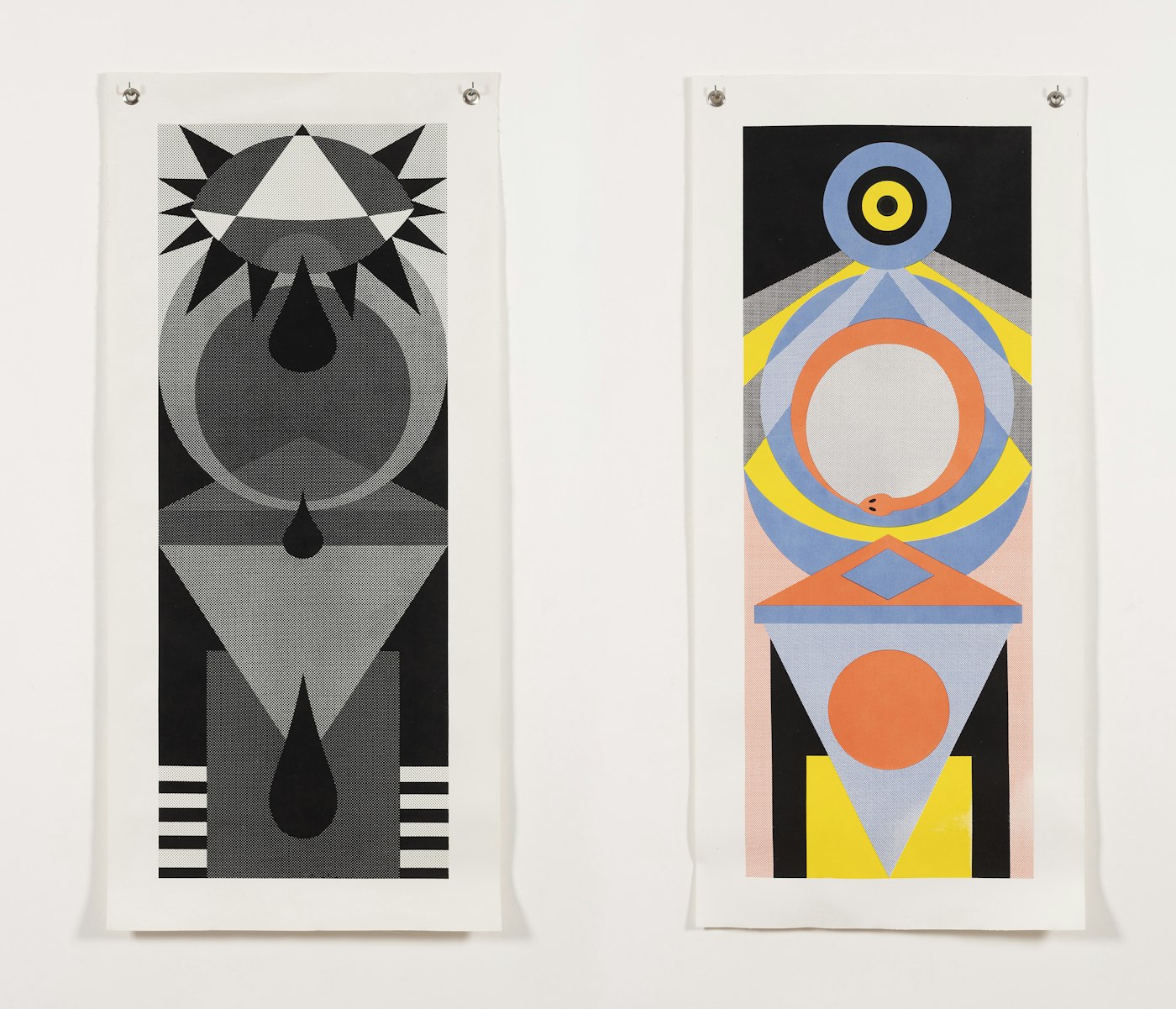 Mikala Dwyer, Tear Flat Drop and Snakeloop Flat Drop, 2023 Gertrude Edition, water based pigments hand screen printed on 12-ounce cotton canvas.