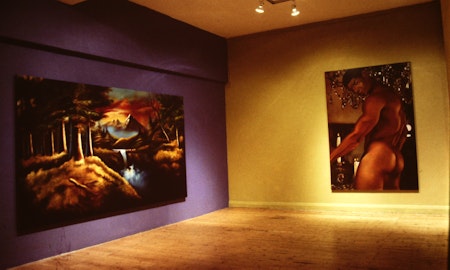 Installation view, Matthys Gerber, For Her Highness, Princess Caroline of Monaco, presented at 200 Gertrude Street, Naarm Melbourne, 1990. Documentation digitised from slide, courtesy of the Gertrude Archive.