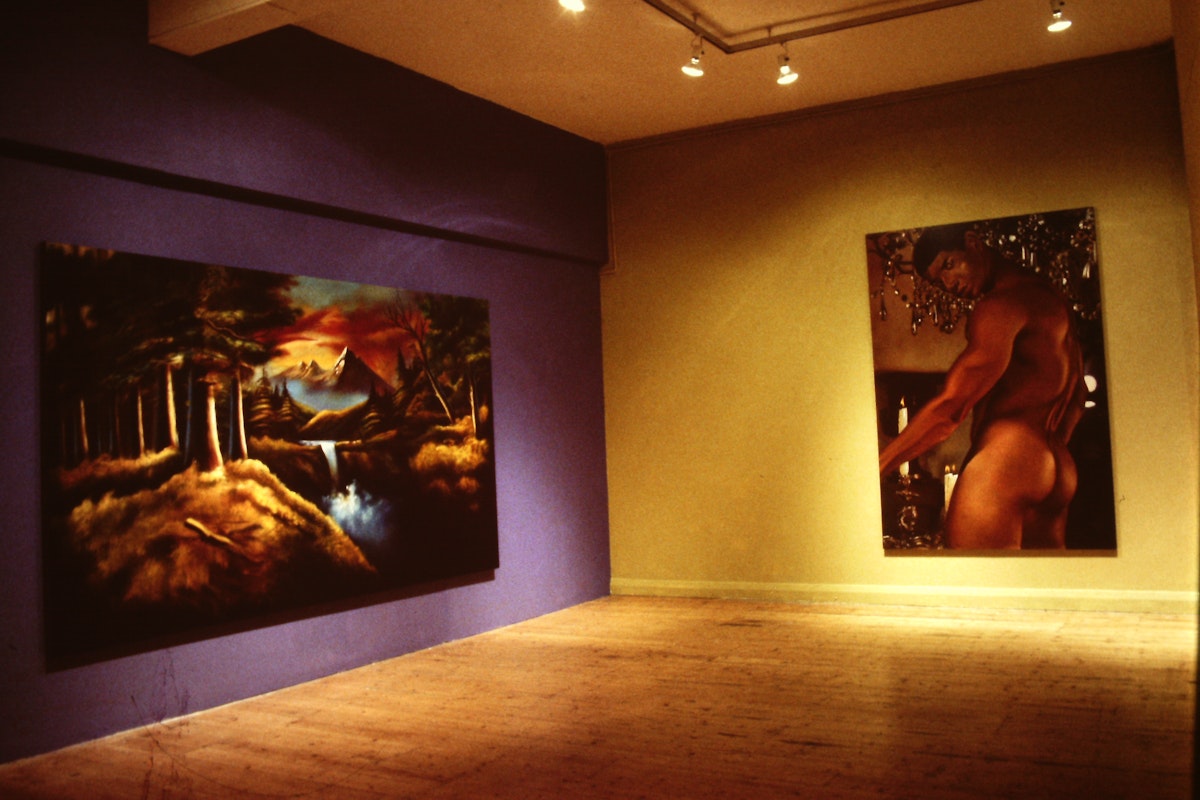 Installation view, Matthys Gerber, For Her Highness, Princess Caroline of Monaco, presented at 200 Gertrude Street, Naarm Melbourne, 1990. Documentation digitised from slide, courtesy of the Gertrude Archive.