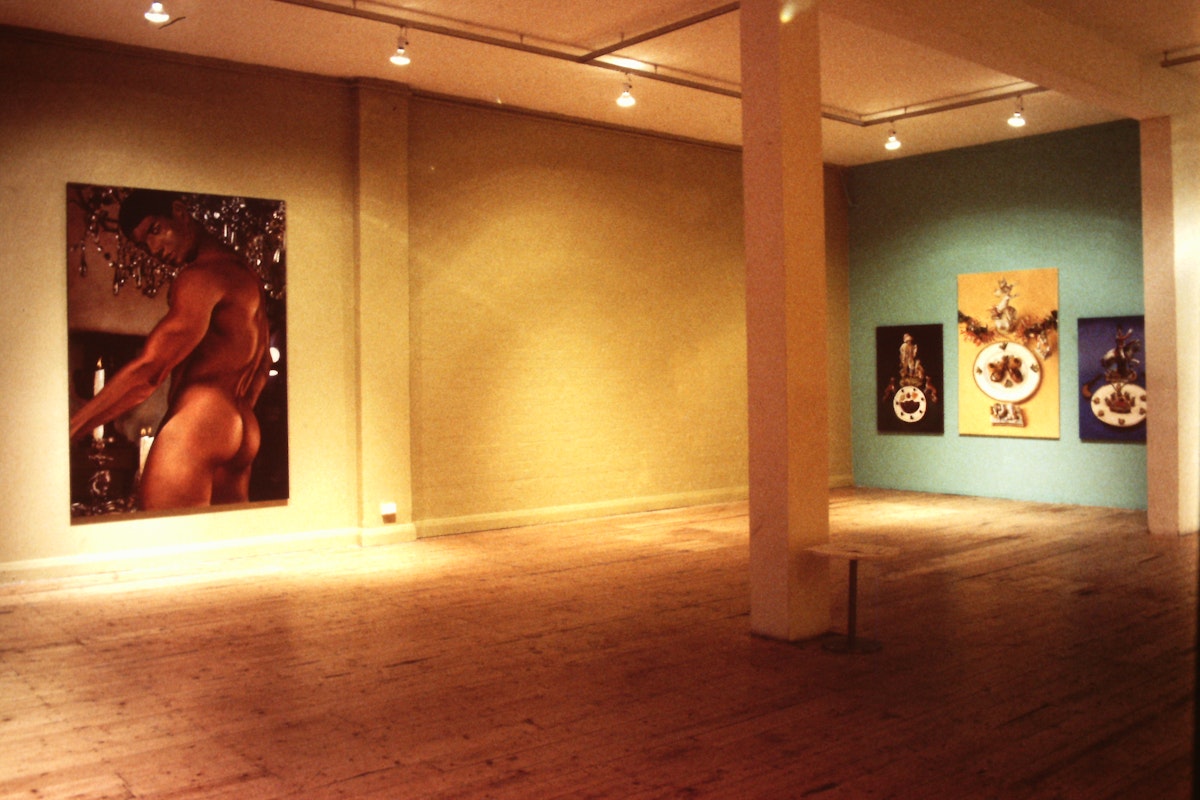 Installation view, Matthys Gerber, For Her Highness, Princess Caroline of Monaco, presented at 200 Gertrude Street, Naarm Melbourne, 1990, © and courtesy the artist. Documentation digitised from slide (2024), courtesy of the Gertrude Archive.