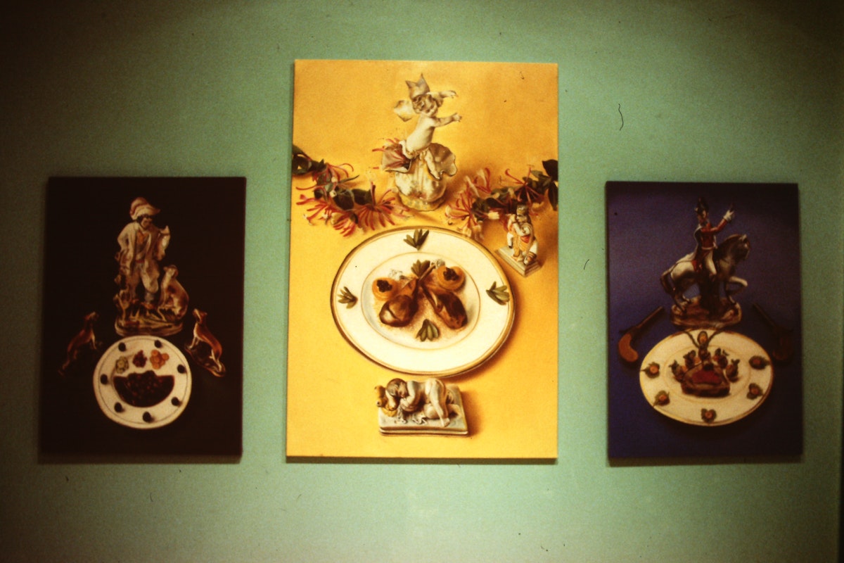 Installation view, Matthys Gerber, For Her Highness, Princess Caroline of Monaco, presented at 200 Gertrude Street, Naarm Melbourne, 1990, © and courtesy the artist. Documentation digitised from slide (2024), courtesy of the Gertrude Archive.