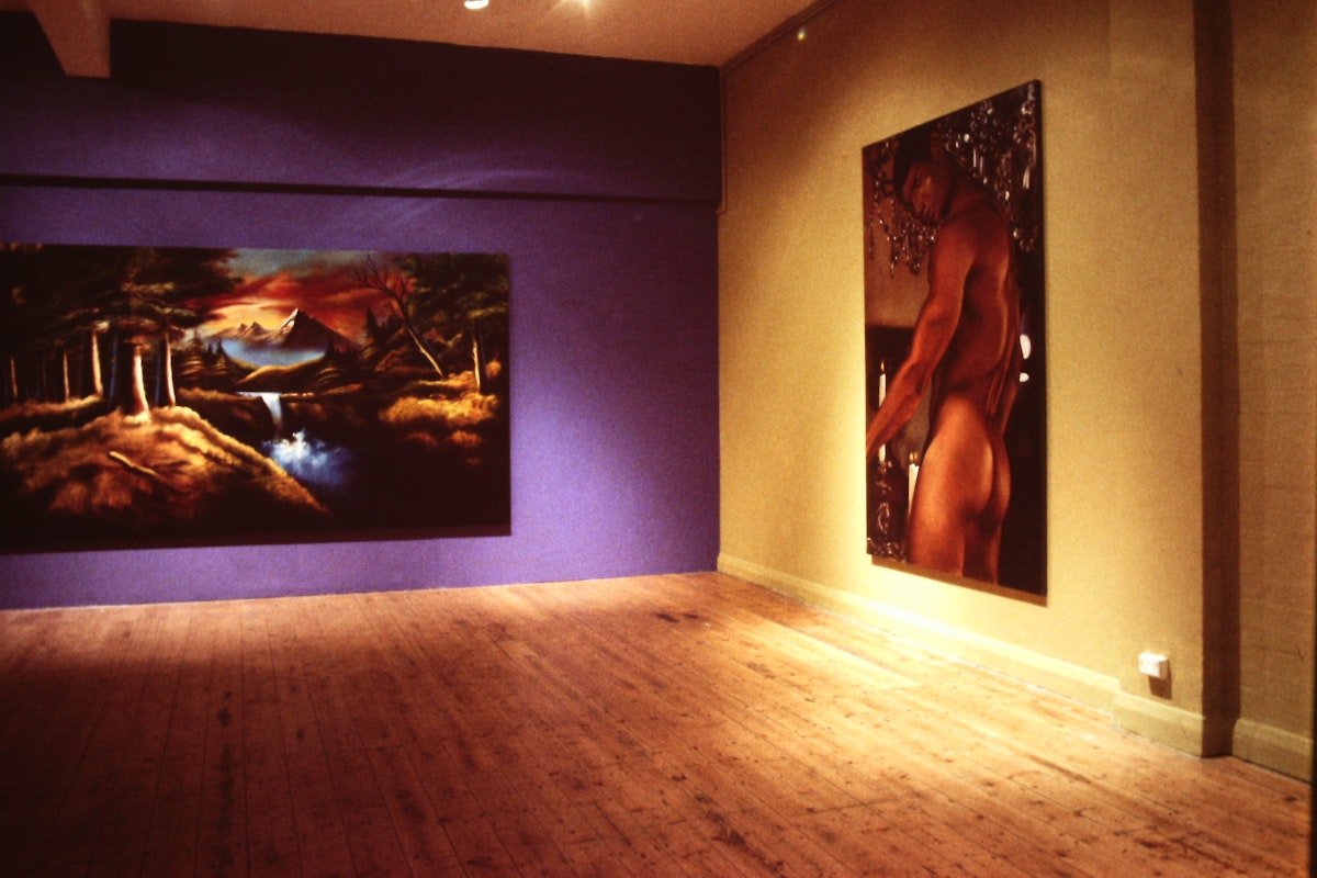 Installation view, Matthys Gerber, For Her Highness, Princess Caroline of Monaco, presented at 200 Gertrude Street, Naarm Melbourne, 1990, © and courtesy the artist. Documentation digitised from slide (2024), courtesy of the Gertrude Archive.