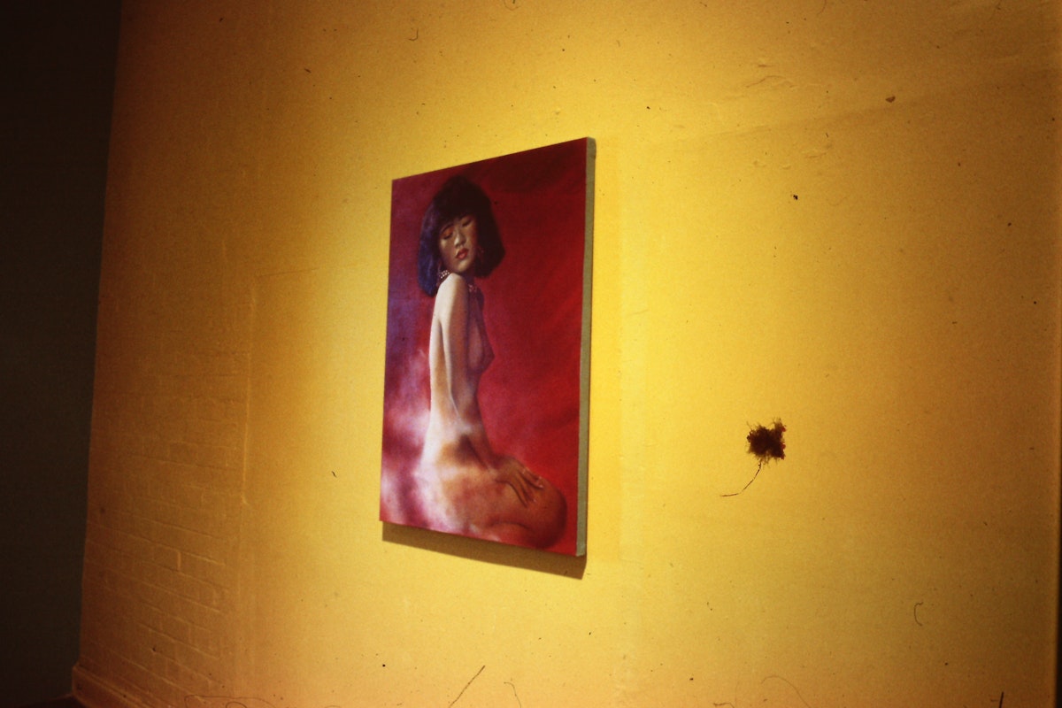 Installation view, Matthys Gerber, For Her Highness, Princess Caroline of Monaco, presented at 200 Gertrude Street, Naarm Melbourne, 1990, © and courtesy the artist. Documentation digitised from slide (2024), courtesy of the Gertrude Archive.