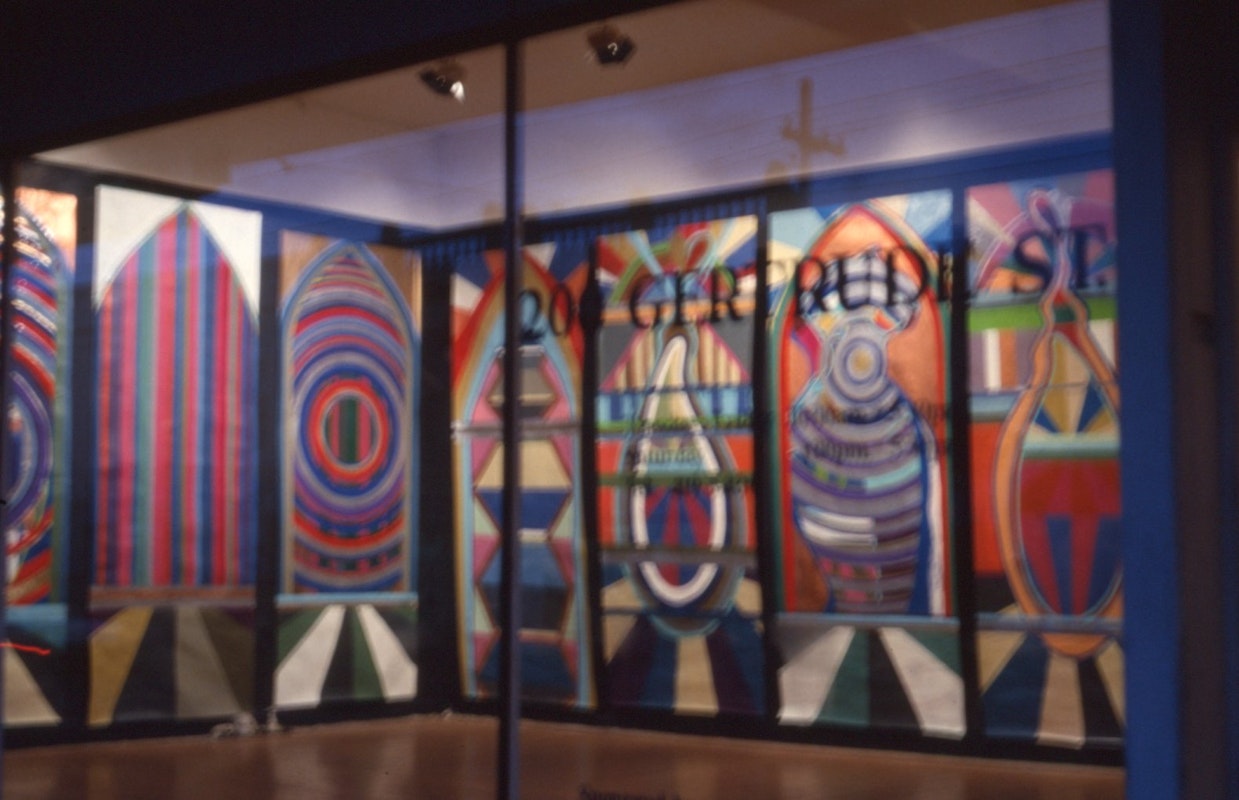 Exterior view, Constanze Zikos, Chrome Vetrinas, 200 Gertrude Street, Naarm Melbourne, 1989, courtesy and © the artist. Documentation digitised from slide (2024), courtesy of the Gertrude Archive.