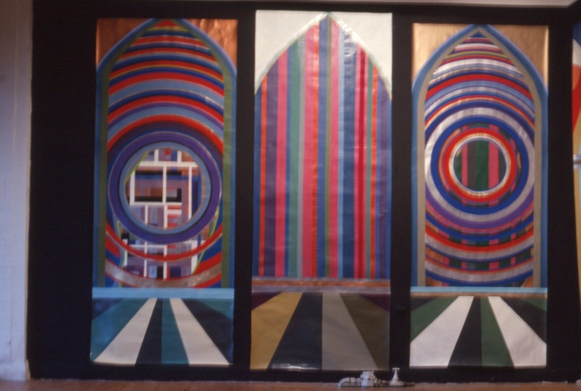 Installation view, Constanze Zikos, Chrome Vetrinas, 200 Gertrude Street, Naarm Melbourne, 1989, courtesy and © the artist. Documentation digitised from slide (2024), courtesy of the Gertrude Archive.