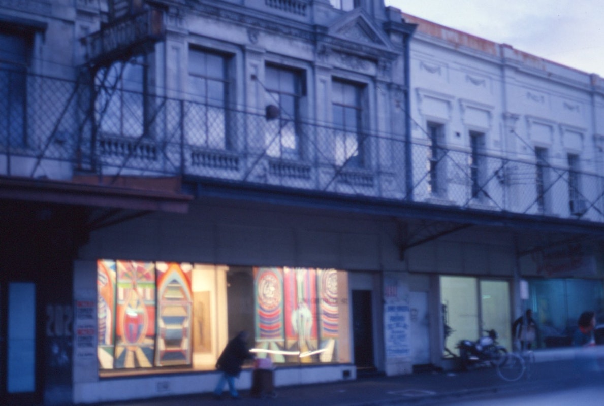 External view, Constanze Zikos, Chrome Vetrinas, 200 Gertrude Street, Naarm Melbourne, 1989,  courtesy and © the artist. Documentation digitised from slide (2024), courtesy of the Gertrude Archive.
