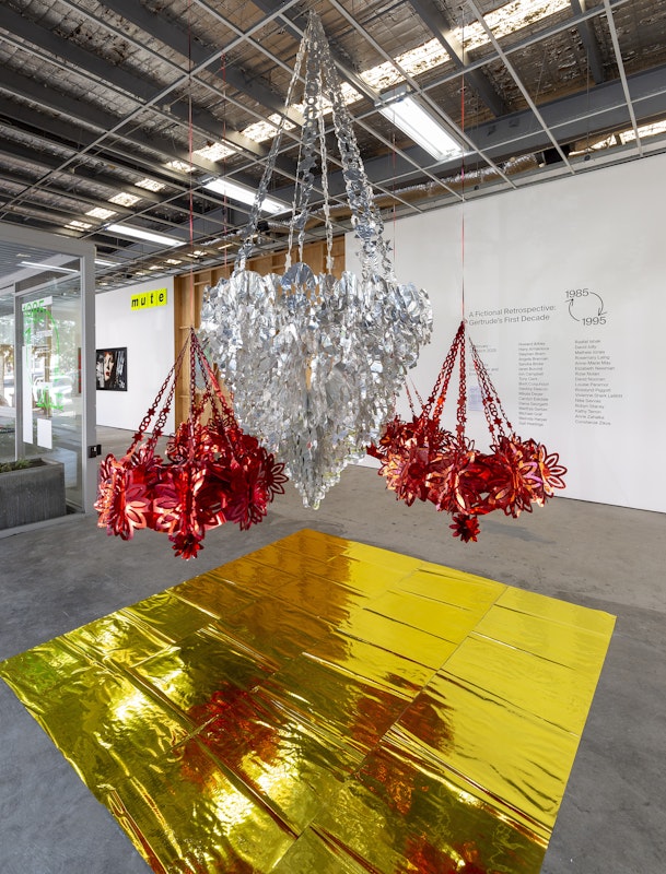 Louise Paramor, Rhapsodesia, 1996/2025, installation view, A Fictional Retrospective: Gertrude’s First Decade 1985–1995, Gertrude Contemporary, Naarm Melbourne, 2025, aluminium foil and wrapping foil, image courtesy of the artist and Void, Naarm Melbourne © the artist, photograph: Christian Capurro