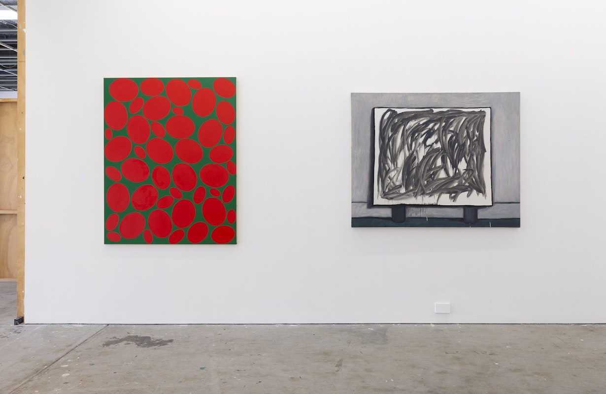 Sandra Bridie, Susan Fielder, detail from ‘Institution’, 1972, 1991, remade 2025, oil on birch plywood; Elizabeth Newman, Painting, 1985, oil on canvas, Collection of Julia Cox, installation view, A Fictional Retrospective: Gertrude’s First Decade 1985–1995, Gertrude Contemporary, Naarm Melbourne, 2025, image courtesy and © the artists, photograph: Christian Capurro