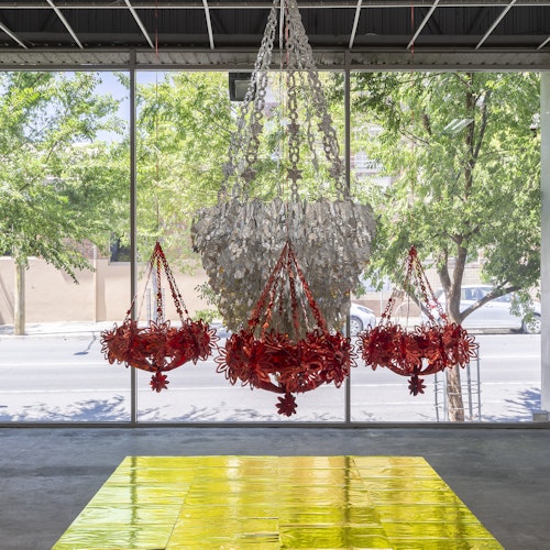 Louise Paramor, Rhapsodesia, 1996/2025, installation view, A Fictional Retrospective: Gertrude’s First Decade 1985–1995, Gertrude Contemporary, Naarm Melbourne, 2025, aluminium foil and wrapping foil, image courtesy of the artist and Void, Naarm Melbourne © the artist, photograph: Christian Capurro
