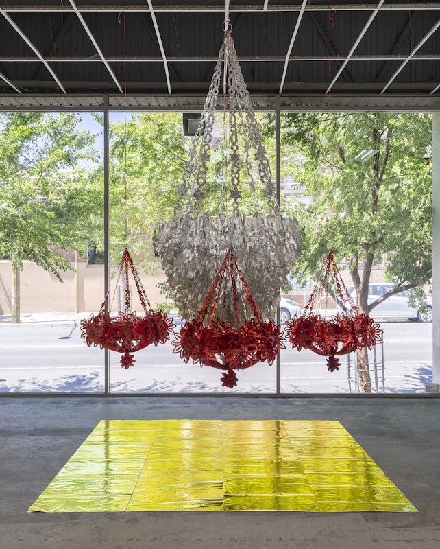 Louise Paramor, Rhapsodesia, 1996/2025, installation view, A Fictional Retrospective: Gertrude’s First Decade 1985–1995, Gertrude Contemporary, Naarm Melbourne, 2025, aluminium foil and wrapping foil, image courtesy of the artist and Void, Naarm Melbourne © the artist, photograph: Christian Capurro