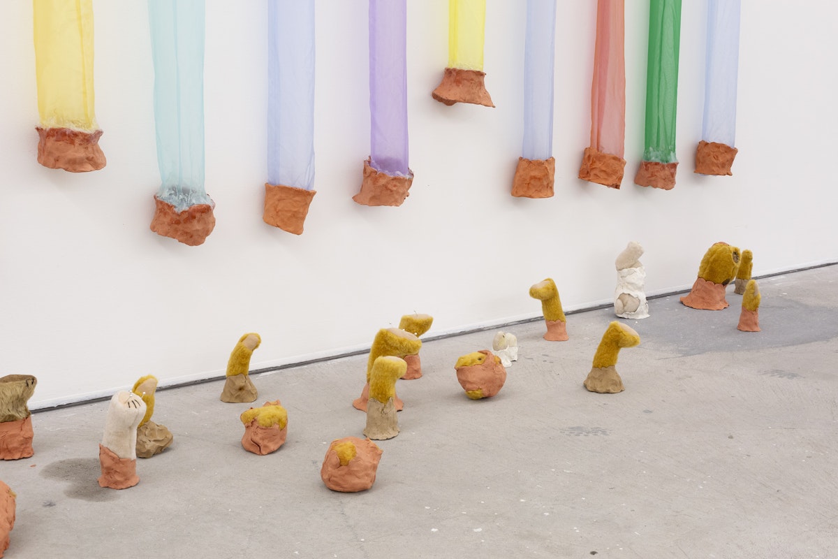 Mikala Dwyer, Tubeweight (detail), 1996, installation view, A Fictional Retrospective: Gertrude’s First Decade 1985–1995, Gertrude Contemporary, Naarm Melbourne, 2025, organza, silicone, glue, pins, DAS clay, teddy bear limbs, image courtesy of the artist and 1301SW, Naarm Melbourne © the artist, photograph: Christian Capurro