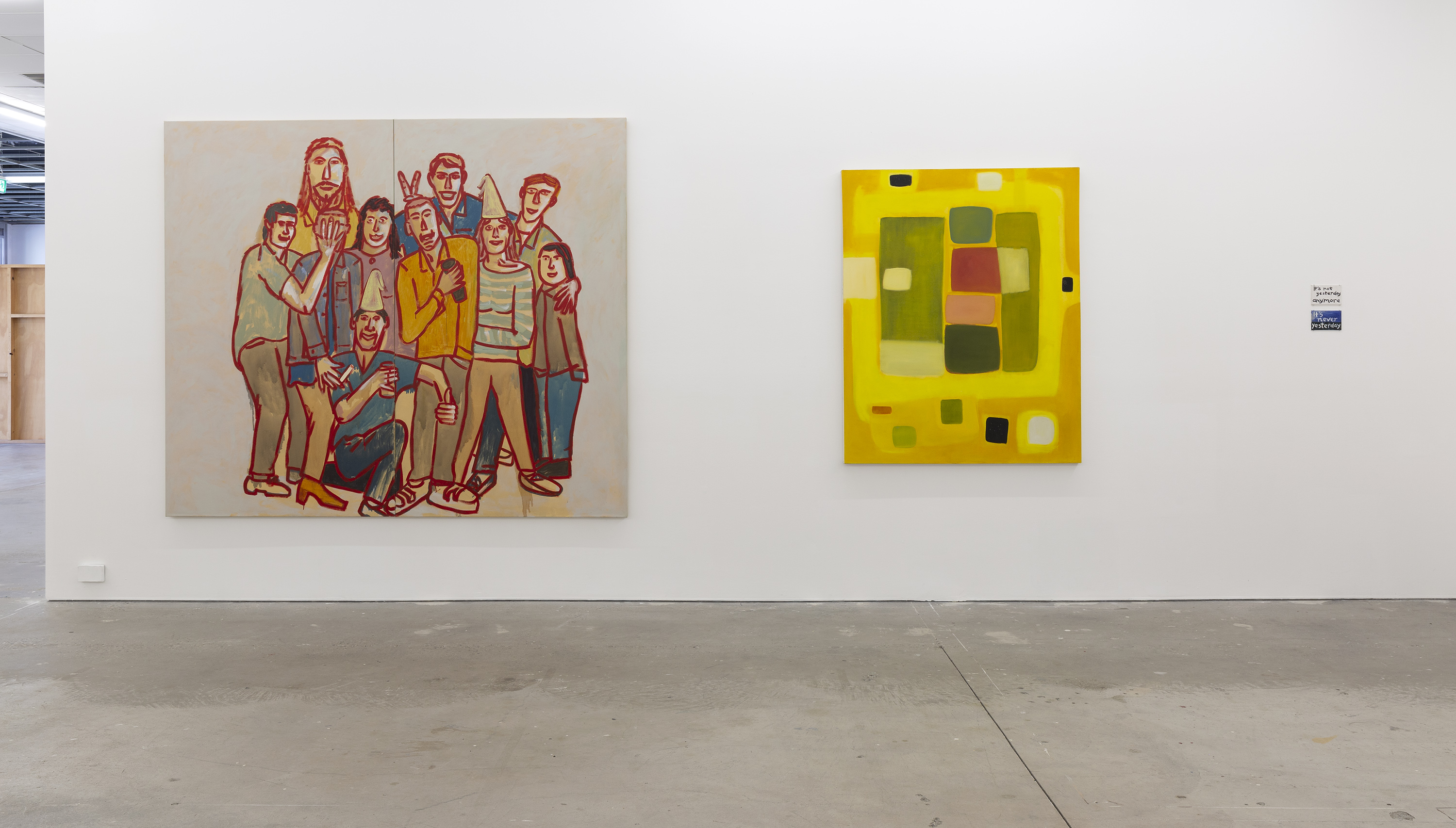 Jon Campbell, The Party, 1986,  enamel and acrylic paint on cotton duck; Angela Brennan, Untitled, 1992, oil on canvas, Collection of Nic Mims; Untitled 1992 oil on canvas board, installation view, installation view, A Fictional Retrospective: Gertrude’s First Decade 1985–1995, Gertrude Contemporary, Naarm Melbourne, 2025, image courtesy and © the artists, photograph: Christian Capurro