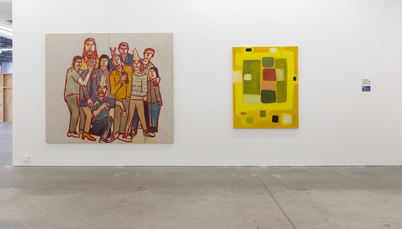 Jon Campbell, The Party, 1986,  enamel and acrylic paint on cotton duck; Angela Brennan, Untitled, 1992, oil on canvas, Collection of Nic Mims; Untitled 1992 oil on canvas board, installation view, installation view, A Fictional Retrospective: Gertrude’s First Decade 1985–1995, Gertrude Contemporary, Naarm Melbourne, 2025, image courtesy and © the artists, photograph: Christian Capurro