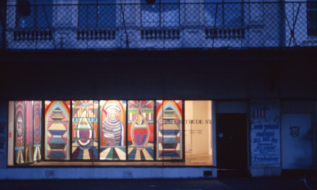 External view, Constanze Zikos, Chrome Vetrinas, 200 Gertrude Street, Naarm Melbourne, 1989,  courtesy and © the artist. Documentation digitised from slide (2024), courtesy of the Gertrude Archive.