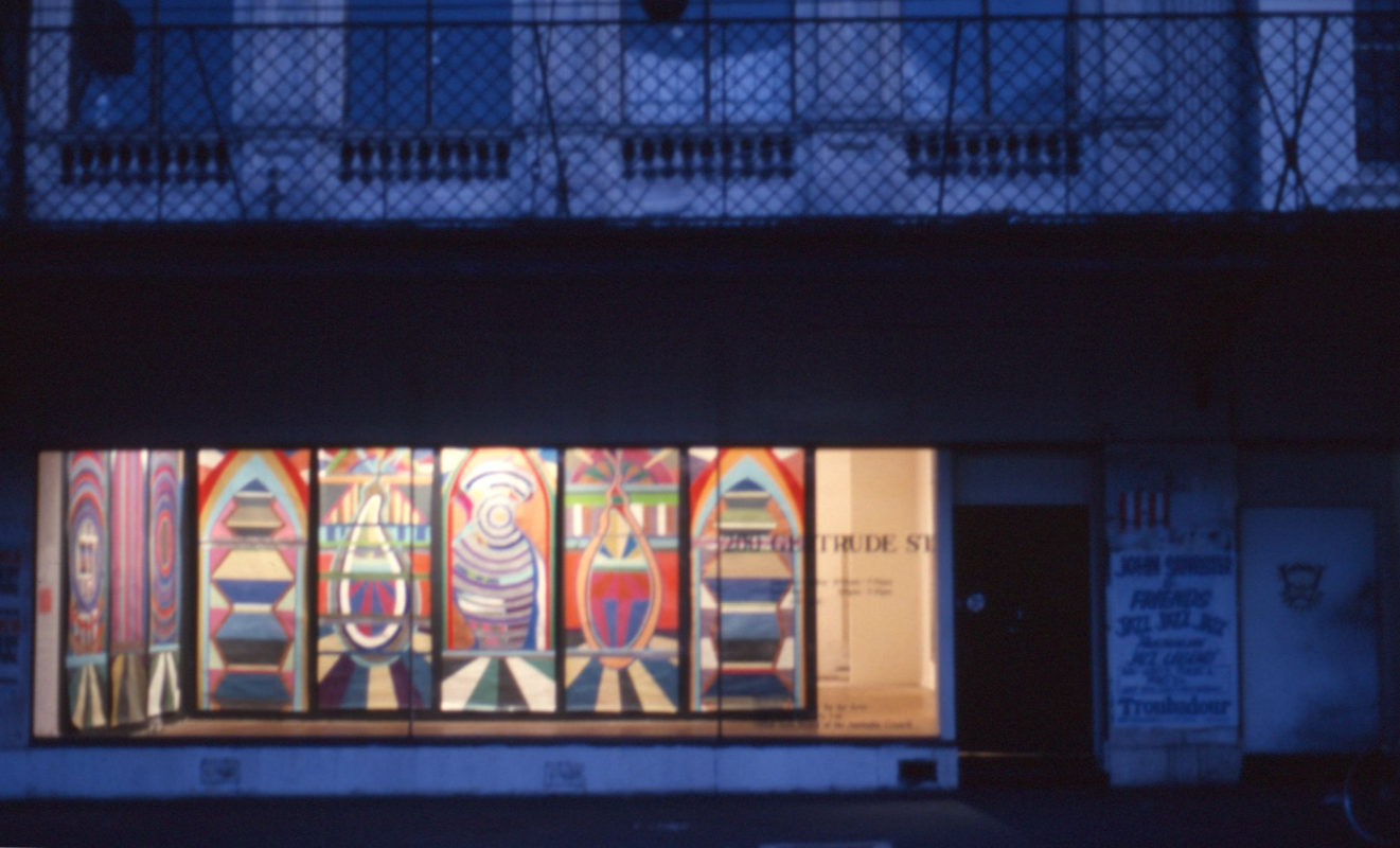 External view, Constanze Zikos, Chrome Vetrinas, 200 Gertrude Street, Naarm Melbourne, 1989, courtesy and © the artist. Documentation digitised from slide (2024), courtesy of the Gertrude Archive.