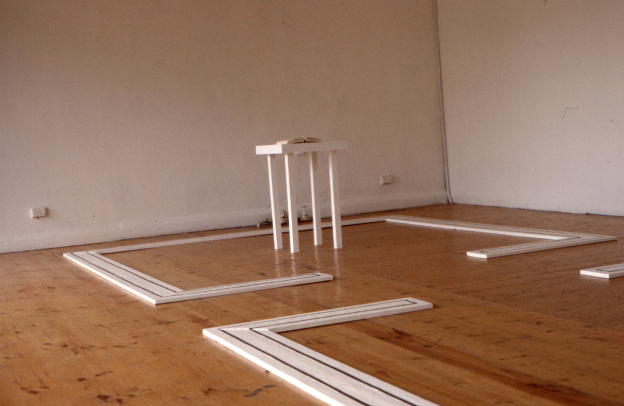 Installation view, Gail Hastings, This Performance/A Passing Thought, 200 Gertrude Street, Naarm Melbourne, 1989, © and courtesy the artist. Documentation digitised from slide (2024), courtesy of the Gertrude Archive.
