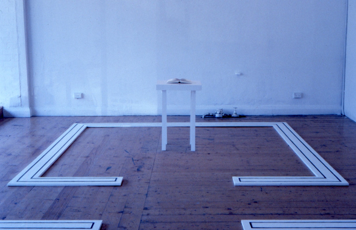 Installation view, Gail Hastings, This Performance/A Passing Thought, 200 Gertrude Street, Naarm Melbourne, 1989, © and courtesy the artist. Documentation digitised from slide (2024), courtesy of the Gertrude Archive.