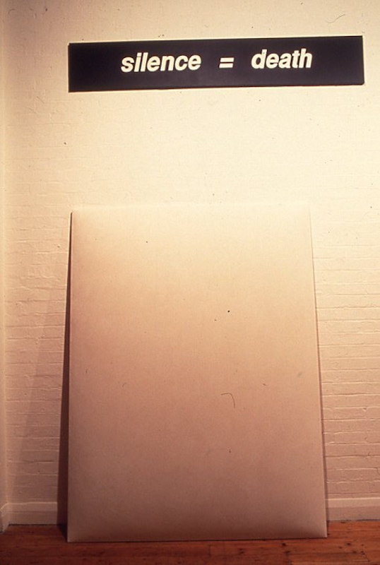 Mathew Jones, silence = death (1990), installation view, 200 Gertrude Street, Naarm Melbourne, 1991, digitised from slide in 2024. Copyright and courtesy of the artist and the Gertrude Archive.