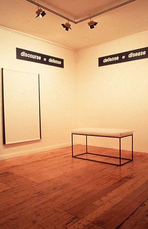 Mathew Jones, silence = death (1990), installation view, 200 Gertrude Street, Naarm Melbourne, 1991, digitised from slide in 2024. Copyright and courtesy of the artist and the Gertrude Archive.
