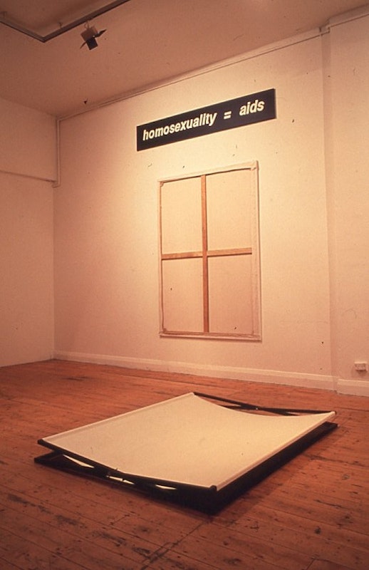 Mathew Jones, silence = death (1990), installation view, 200 Gertrude Street, Naarm Melbourne, 1991, digitised from slide in 2024. Copyright and courtesy of the artist and the Gertrude Archive.