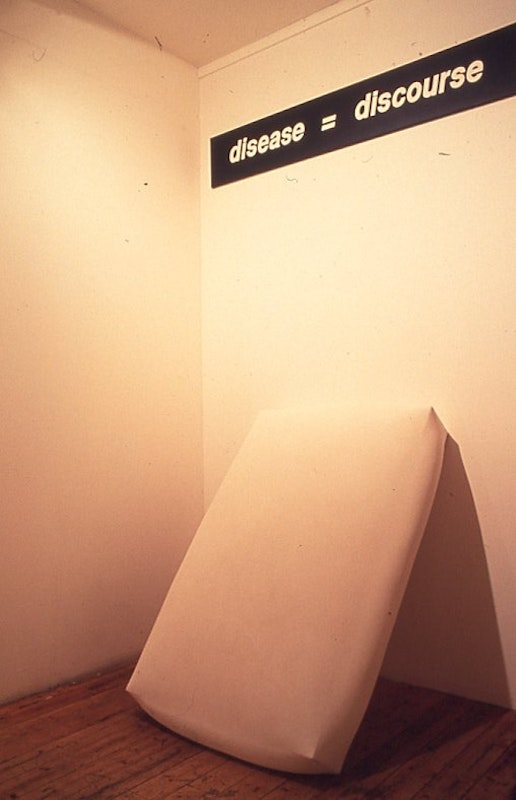 Mathew Jones, silence = death (1990), installation view, 200 Gertrude Street, Naarm Melbourne, 1991, digitised from slide in 2024. Copyright and courtesy of the artist and the Gertrude Archive.