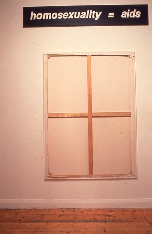 Mathew Jones, silence = death (1990), installation view, 200 Gertrude Street, Naarm Melbourne, 1991, digitised from slide in 2024. Copyright and courtesy of the artist and the Gertrude Archive.
