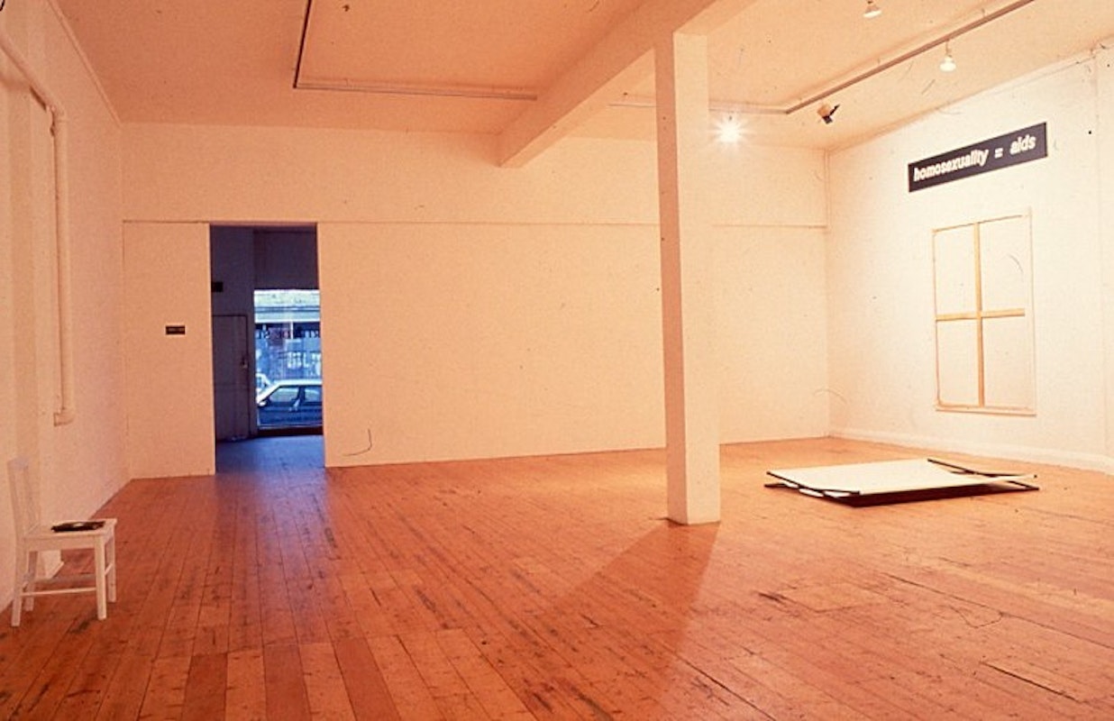 Mathew Jones, silence = death (1990), installation view, 200 Gertrude Street, Naarm Melbourne, 1991, digitised from slide in 2024. Copyright and courtesy of the artist and the Gertrude Archive.