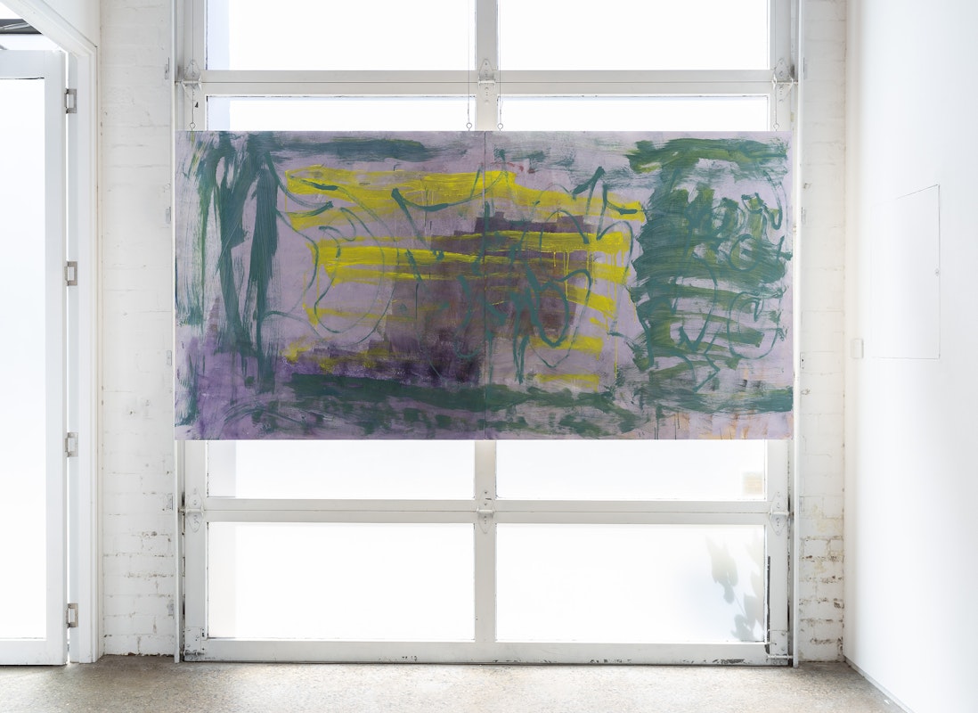Georgia Morgan, Door’s Open – now you say it back to me, 2025, acrylic on board, 2 panels, 120 x 240 cm overall, installation view of Nothing's forever cause everything is, Gertrude Glasshouse, Naarm Melbourne, 2025, courtesy the artist and Neon Parc, Naarm Melbourne, © the artist, photographer: Christian Capurro.