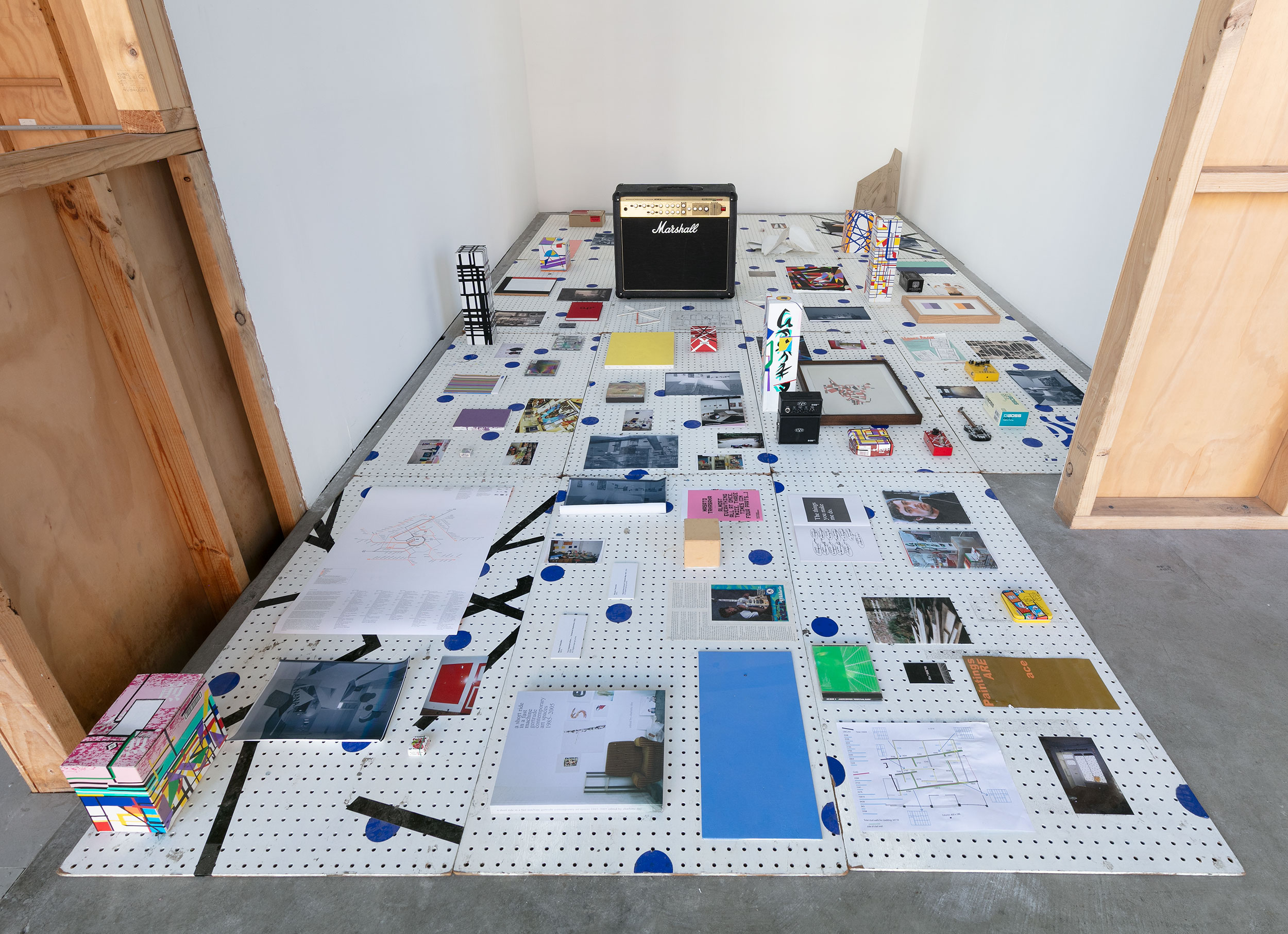Masato Takasaka, ALMOST ALMOST EVERYTHING ALL AT ONCE, TWICE, THREE TIMES (IN FOUR PARTS...) RETURNAL RETURN REDUX* works from the permanent collection and selected loans from the EVERYTHING ALWAYS ALREADY-MADE STUDIO MASATOTECTURES MUSEUM OF FOUND REFRACTIONS (1977-2025), 2025, installation view, 1964, 1969, 1977, 1995, 2000, 2005, 2025, Gertrude Contemporary, Naarm Melbourne, 2025, foamcore, pegboard, laserprints, found objects and printed materials, image courtesy the artist and STUDIO MASATOTECTURES, Naarm Melbourne © the artist, photograph: Christian Capurro.